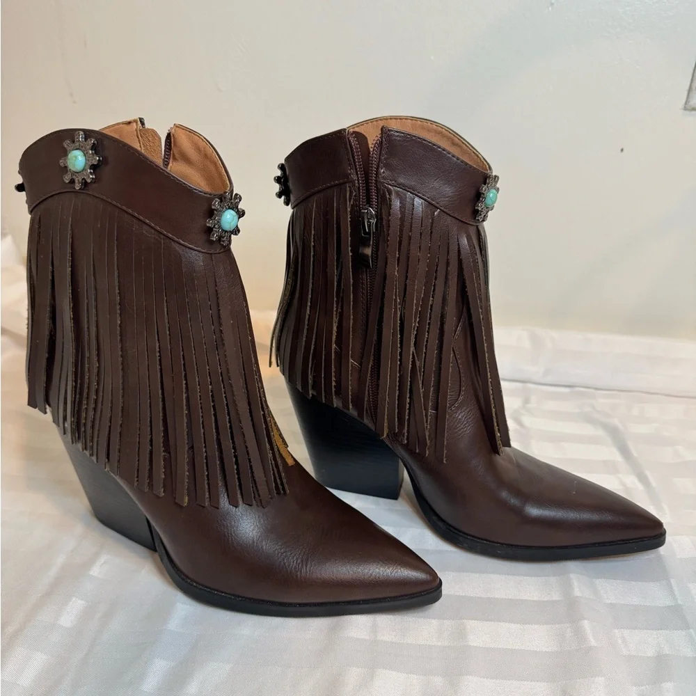 SHEIN Brown Ankle Boots with Fringe and Western Flair
